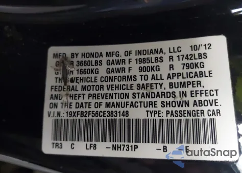 2012 Honda Civic Lx from USA, damaged, VIN 19XFB2F56CE383148